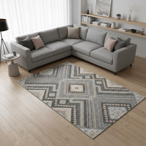 HomeRoots 9' X 12' Gray, Peach & Silver Tribal Area Rug - Washable, UV-Protected, Stain-Resistant, Stylish Comfort 679287