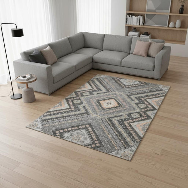 HomeRoots 10' X 14' Gray Peach Silver Tribal Area Rug - UV Protected, Washable, Stylish & Stain-Resistant 679288