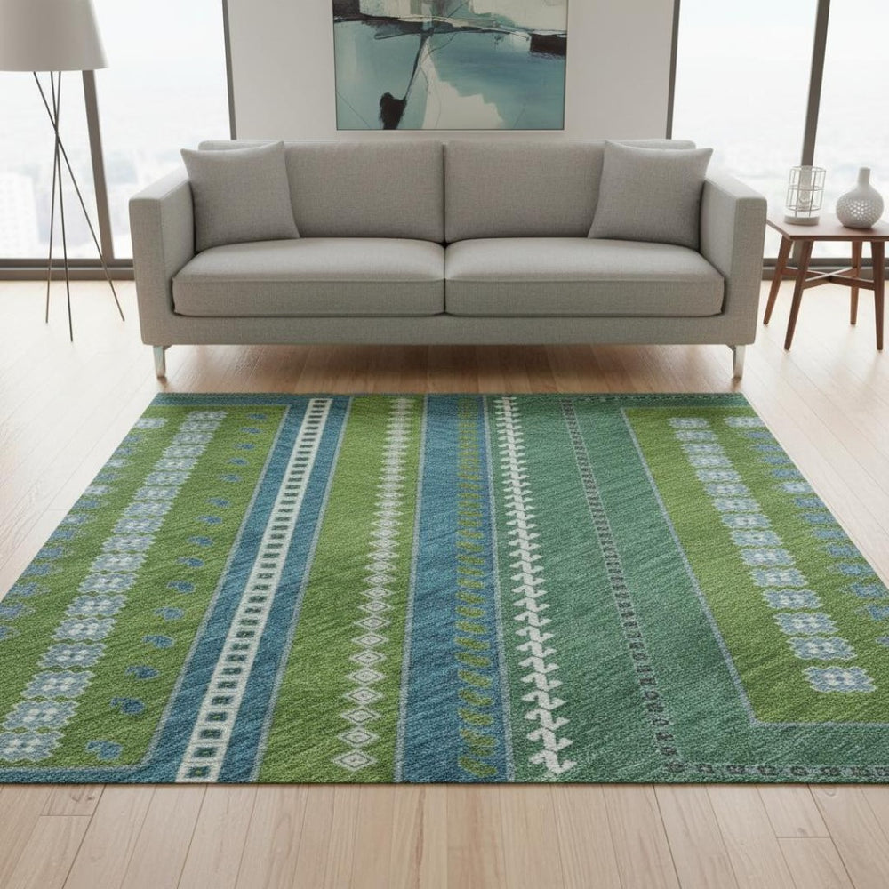 HomeRoots 5' X 8' Vibrant Lime Green, Teal & Ivory Tribal Area Rug – Durable, Washable, UV Protected Style! 679290