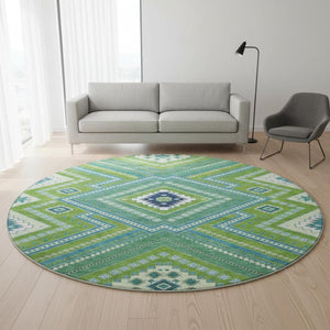 HomeRoots 8' Vibrant Lime Green, Teal & Ivory Tribal Round Rug - Washable, UV Protected, Perfect for Active Homes! 679291