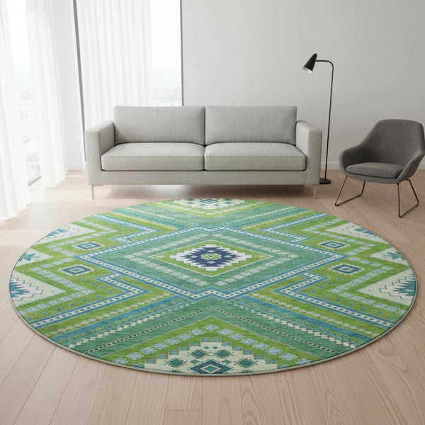 HomeRoots 8' Vibrant Lime Green, Teal & Ivory Tribal Round Rug - Washable, UV Protected, Perfect for Active Homes! 679291