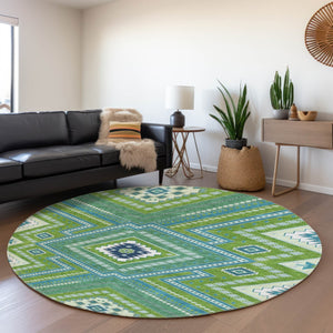 HomeRoots 8' Vibrant Lime Green, Teal & Ivory Tribal Round Rug - Washable, UV Protected, Perfect for Active Homes! 679291