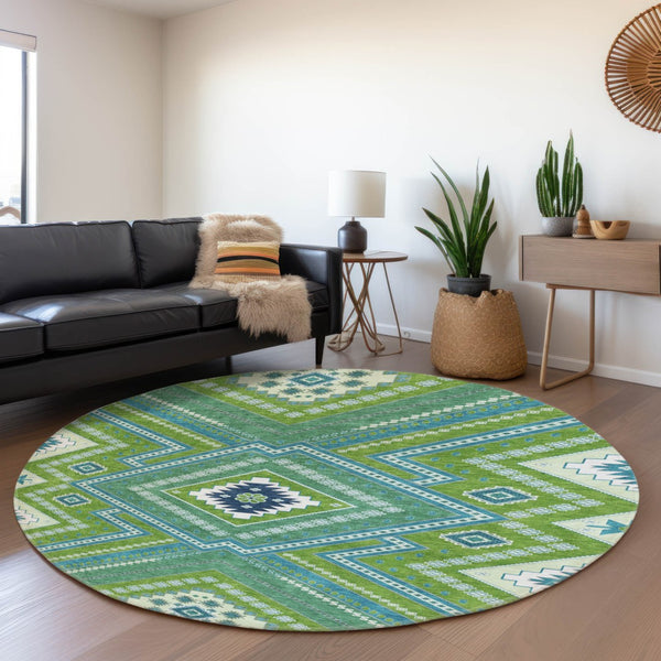 HomeRoots 8' Vibrant Lime Green, Teal & Ivory Tribal Round Rug - Washable, UV Protected, Perfect for Active Homes! 679291