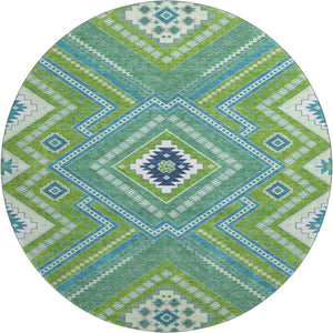 HomeRoots 8' Vibrant Lime Green, Teal & Ivory Tribal Round Rug - Washable, UV Protected, Perfect for Active Homes! 679291
