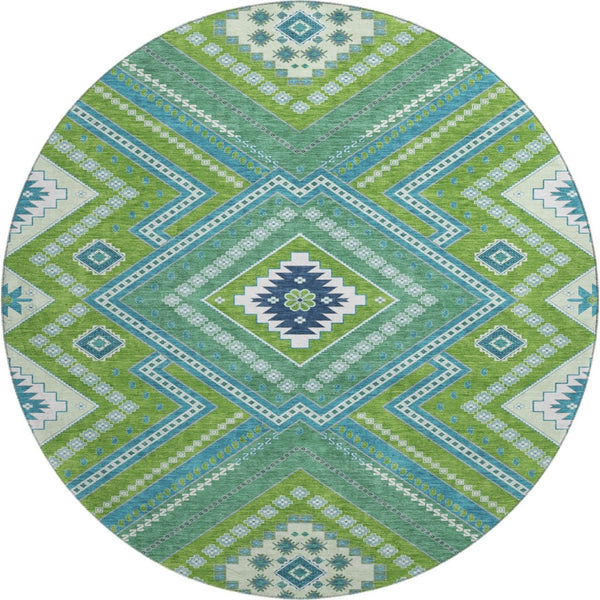 HomeRoots 8' Vibrant Lime Green, Teal & Ivory Tribal Round Rug - Washable, UV Protected, Perfect for Active Homes! 679291
