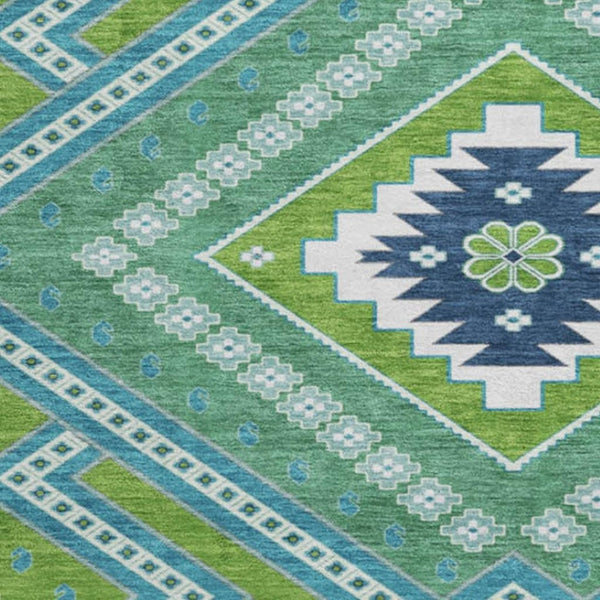 HomeRoots 8' Vibrant Lime Green, Teal & Ivory Tribal Round Rug - Washable, UV Protected, Perfect for Active Homes! 679291