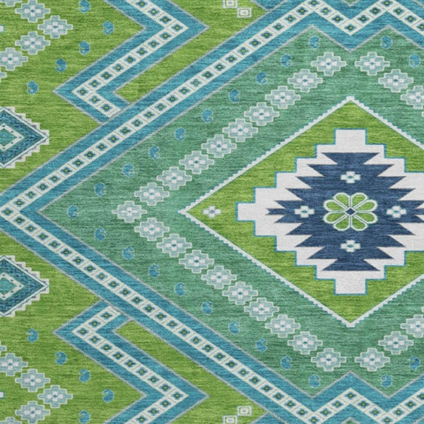 HomeRoots 8' Vibrant Lime Green, Teal & Ivory Tribal Round Rug - Washable, UV Protected, Perfect for Active Homes! 679291