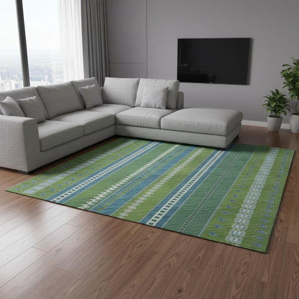 HomeRoots 8' X 10' Vibrant Lime Green, Teal & Ivory Tribal Area Rug - UV Protected & Stain-Resistant Design 679292