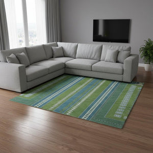 HomeRoots 9' X 12' Vibrant Lime Green, Teal & Ivory Tribal Area Rug - Stain Resistant, UV Protected & Washable! 679293