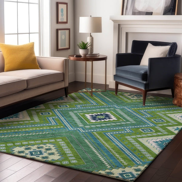 HomeRoots 9' X 12' Vibrant Lime Green, Teal & Ivory Tribal Area Rug - Stain Resistant, UV Protected & Washable! 679293