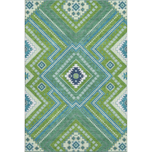 HomeRoots 9' X 12' Vibrant Lime Green, Teal & Ivory Tribal Area Rug - Stain Resistant, UV Protected & Washable! 679293
