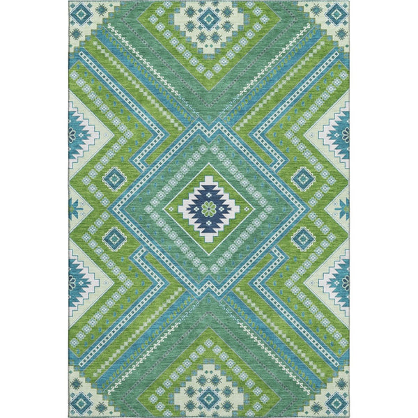 HomeRoots 9' X 12' Vibrant Lime Green, Teal & Ivory Tribal Area Rug - Stain Resistant, UV Protected & Washable! 679293