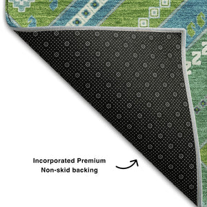 HomeRoots 9' X 12' Vibrant Lime Green, Teal & Ivory Tribal Area Rug - Stain Resistant, UV Protected & Washable! 679293