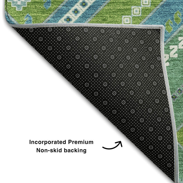 HomeRoots 9' X 12' Vibrant Lime Green, Teal & Ivory Tribal Area Rug - Stain Resistant, UV Protected & Washable! 679293