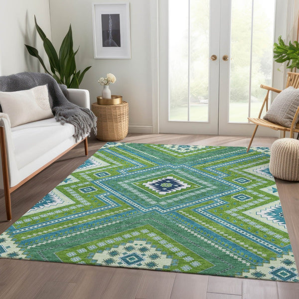 HomeRoots 9' X 12' Vibrant Lime Green, Teal & Ivory Tribal Area Rug - Stain Resistant, UV Protected & Washable! 679293