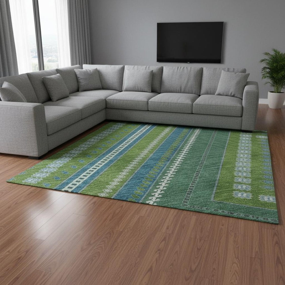 HomeRoots 10' Vibrant Lime Green, Teal & Ivory Tribal Washable Area Rug with UV Protection for Durability & Style! 679294