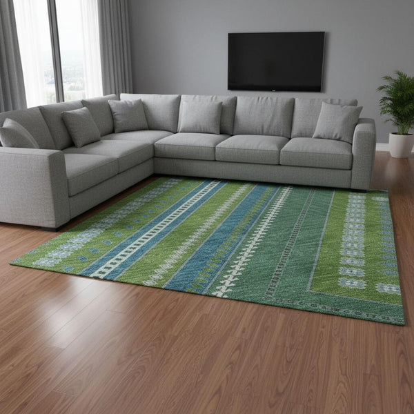 HomeRoots 10' Vibrant Lime Green, Teal & Ivory Tribal Washable Area Rug with UV Protection for Durability & Style! 679294