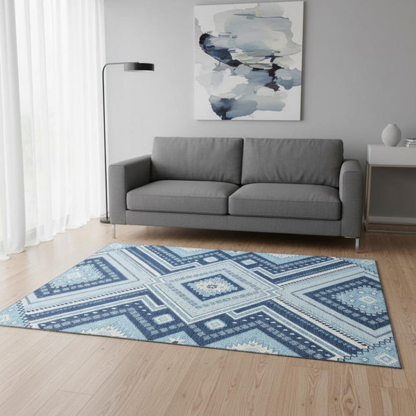 HomeRoots 5' X 8' Navy Blue Ivory Tribal Area Rug - Washable, UV Protected, Durable for High-Traffic Areas 679296