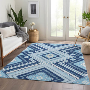 HomeRoots 5' X 8' Navy Blue Ivory Tribal Area Rug - Washable, UV Protected, Durable for High-Traffic Areas 679296