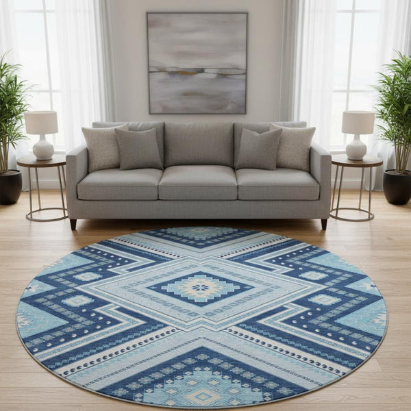 HomeRoots 8' Navy Blue and Ivory Tribal Round Rug - Washable, UV Protected, Kid & Pet Friendly for Any Space 679297