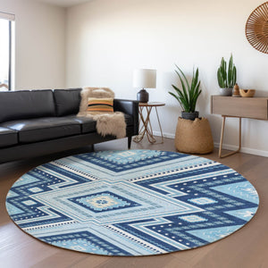 HomeRoots 8' Navy Blue and Ivory Tribal Round Rug - Washable, UV Protected, Kid & Pet Friendly for Any Space 679297