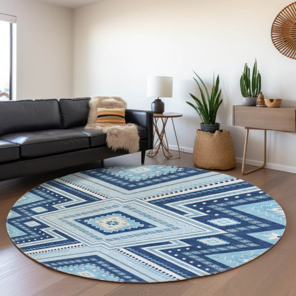 HomeRoots 8' Navy Blue and Ivory Tribal Round Rug - Washable, UV Protected, Kid & Pet Friendly for Any Space 679297