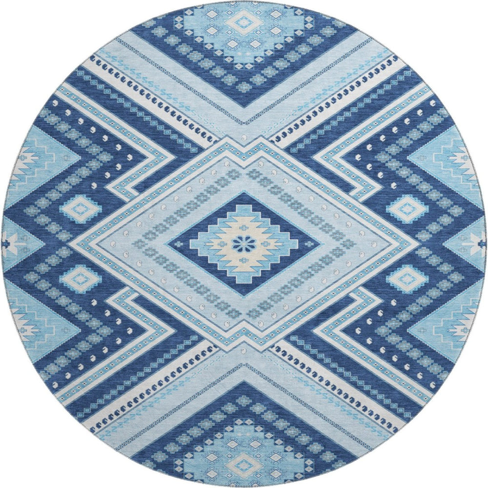 HomeRoots 8' Navy Blue and Ivory Tribal Round Rug - Washable, UV Protected, Kid & Pet Friendly for Any Space 679297