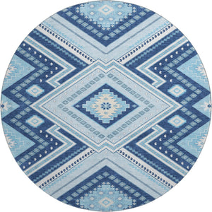 HomeRoots 8' Navy Blue and Ivory Tribal Round Rug - Washable, UV Protected, Kid & Pet Friendly for Any Space 679297