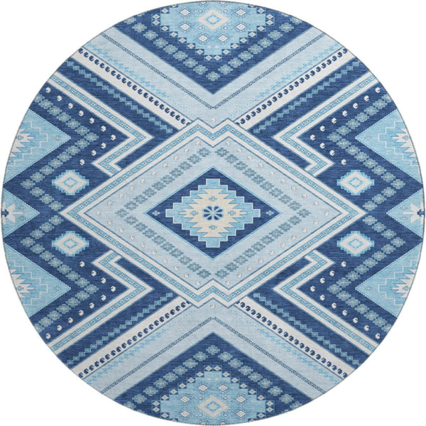 HomeRoots 8' Navy Blue and Ivory Tribal Round Rug - Washable, UV Protected, Kid & Pet Friendly for Any Space 679297