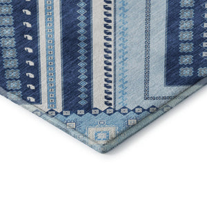 HomeRoots 8' Navy Blue and Ivory Tribal Round Rug - Washable, UV Protected, Kid & Pet Friendly for Any Space 679297