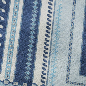 HomeRoots 8' Navy Blue and Ivory Tribal Round Rug - Washable, UV Protected, Kid & Pet Friendly for Any Space 679297
