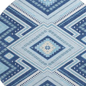 HomeRoots 8' Navy Blue and Ivory Tribal Round Rug - Washable, UV Protected, Kid & Pet Friendly for Any Space 679297
