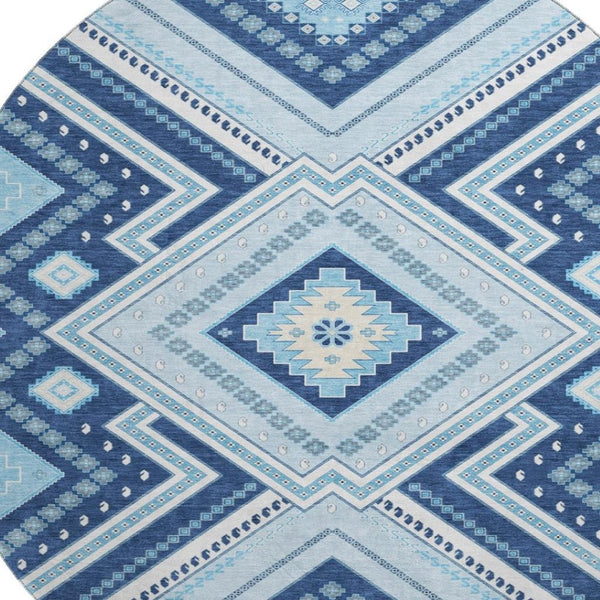 HomeRoots 8' Navy Blue and Ivory Tribal Round Rug - Washable, UV Protected, Kid & Pet Friendly for Any Space 679297