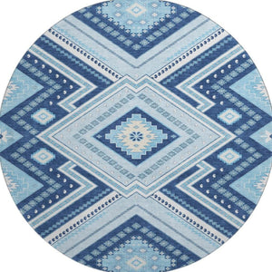 HomeRoots 8' Navy Blue and Ivory Tribal Round Rug - Washable, UV Protected, Kid & Pet Friendly for Any Space 679297