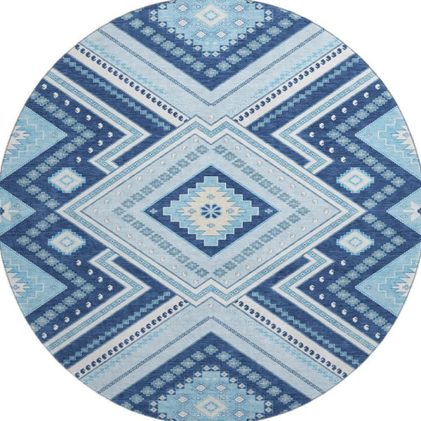 HomeRoots 8' Navy Blue and Ivory Tribal Round Rug - Washable, UV Protected, Kid & Pet Friendly for Any Space 679297