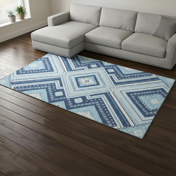 HomeRoots 8' X 10' Navy Blue and Ivory Tribal Area Rug – Washable, Stain-Resistant, UV Protected for Homes 679298
