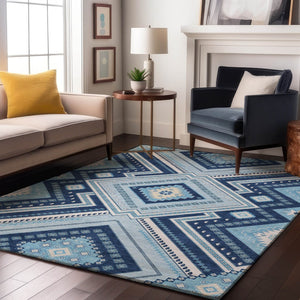 HomeRoots 8' X 10' Navy Blue and Ivory Tribal Area Rug – Washable, Stain-Resistant, UV Protected for Homes 679298