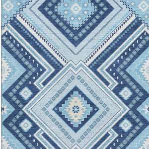 HomeRoots 8' X 10' Navy Blue and Ivory Tribal Area Rug – Washable, Stain-Resistant, UV Protected for Homes 679298