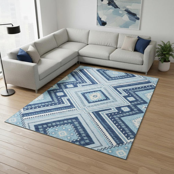 HomeRoots 9' X 12' Navy Blue & Ivory Tribal Area Rug - Washable, UV Protected, Durable for Homes & Patios 679299