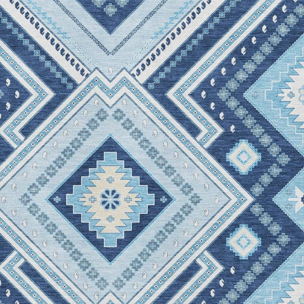 HomeRoots 9' X 12' Navy Blue & Ivory Tribal Area Rug - Washable, UV Protected, Durable for Homes & Patios 679299