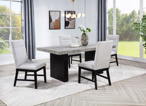 English Elm 5pc Dining Set with Luxurious Marble-Look Rectangular Table and Dark Base, Upholstered Comfort Chairs Light Gray,White 43.5 L x 76.5 W x 6 H B2741S00525