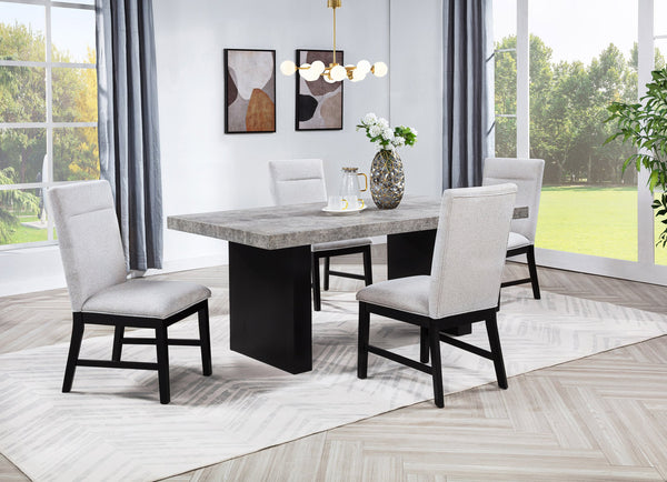 English Elm 5pc Dining Set with Luxurious Marble-Look Rectangular Table and Dark Base, Upholstered Comfort Chairs Light Gray,White 43.5 L x 76.5 W x 6 H B2741S00525