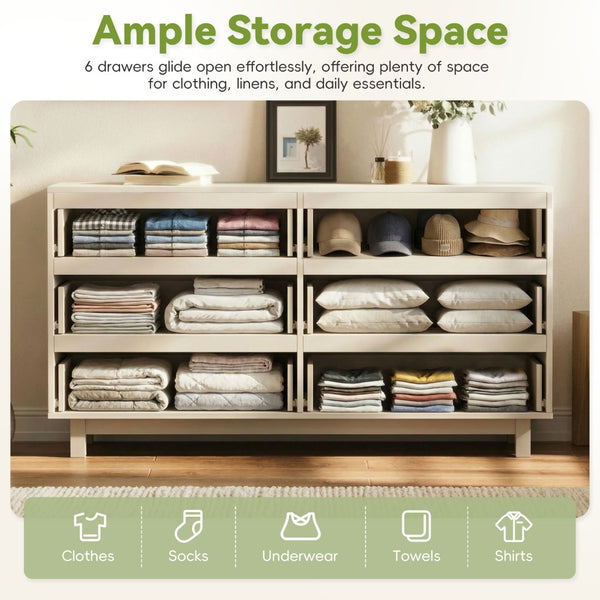 English Elm 60" Wave Front Six Drawer Dresser Sculptural Engineered Wood Media Console for Bedroom Ivory N739S0000011W
