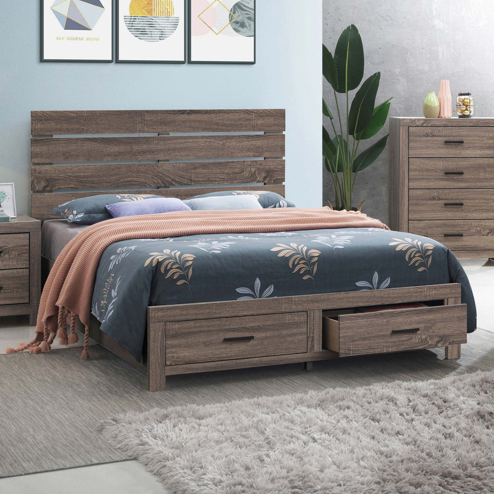 English Elm Geary Barrel Oak Eastern King Platform Bed with Slatted Headboard and Dual Footboard Storage Drawers B062S00699