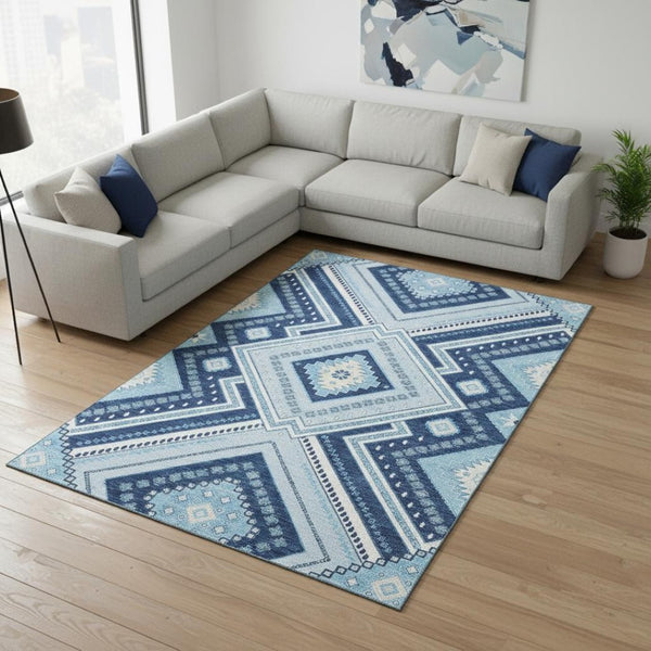 HomeRoots 10' Navy Blue and Ivory Tribal Area Rug – Washable, UV Protected, Stain Resistant for High-Traffic Spaces 679300