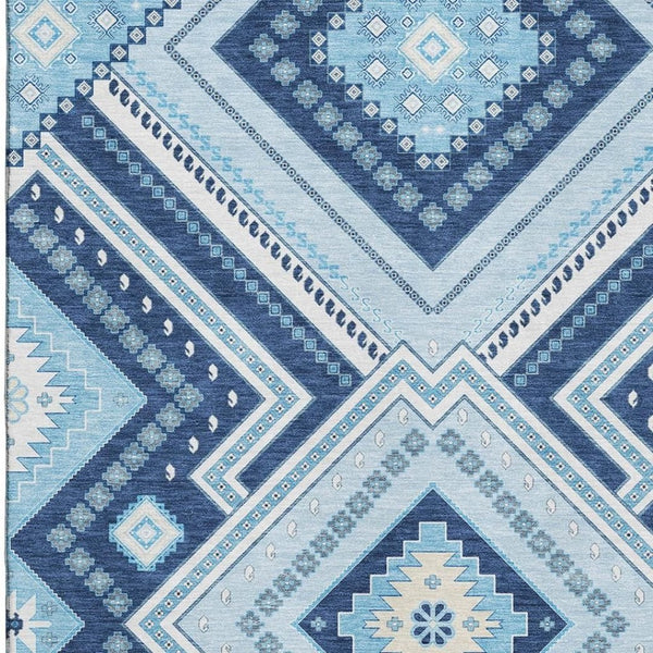 HomeRoots 10' Navy Blue and Ivory Tribal Area Rug – Washable, UV Protected, Stain Resistant for High-Traffic Spaces 679300