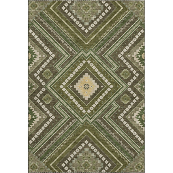 HomeRoots 5' X 8' Tribal Washable Area Rug in Olive Green, Ivory & Brown - UV Protected, Durable & Stylish! 679302