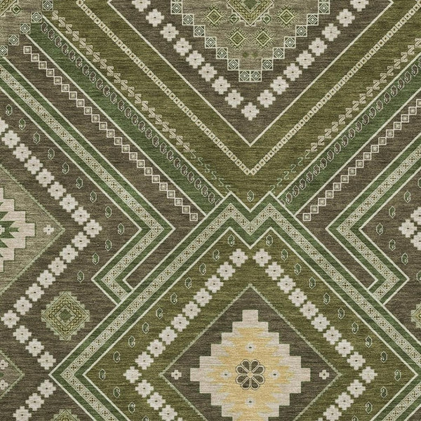 HomeRoots 5' X 8' Tribal Washable Area Rug in Olive Green, Ivory & Brown - UV Protected, Durable & Stylish! 679302