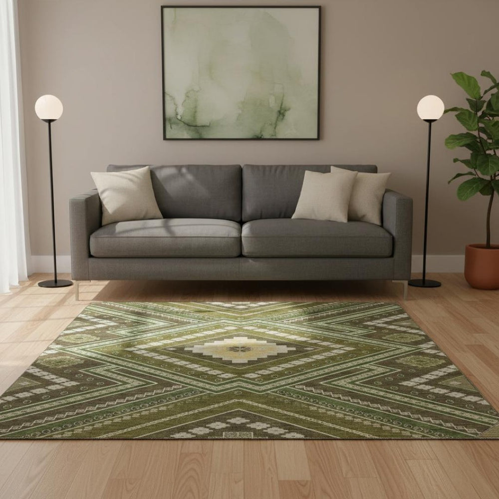 HomeRoots 8' Tribal Washable Round Rug in Olive Green, Ivory & Brown - UV Protected, Stain Resistant & Family-Friendly 679303