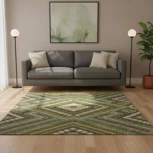 HomeRoots 8' Tribal Washable Round Rug in Olive Green, Ivory & Brown - UV Protected, Stain Resistant & Family-Friendly 679303